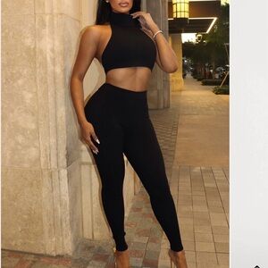 Fashion Nova Black High-Neck Crop Top & Pant Set